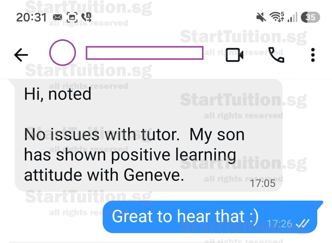 Screenshot of Parent's Testimonial for Pri 5 Maths tuition